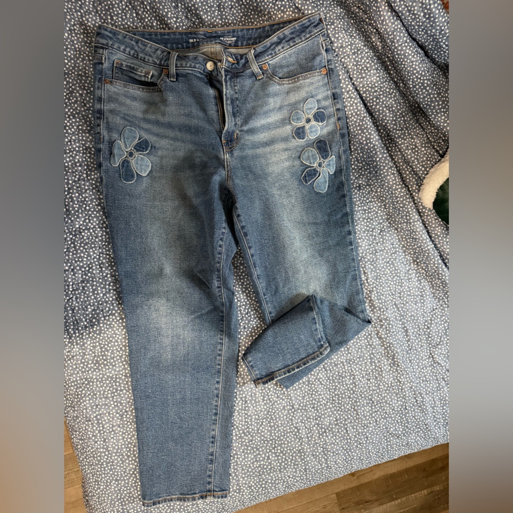 Old Navy Blue Straight Leg Jeans with Floral Embroidery